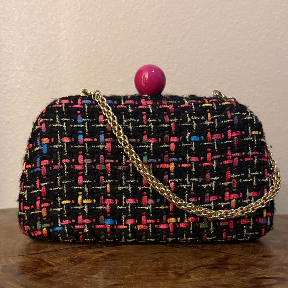 Shiraleah Black Multicolor Tweed Clutch with Gold Chain